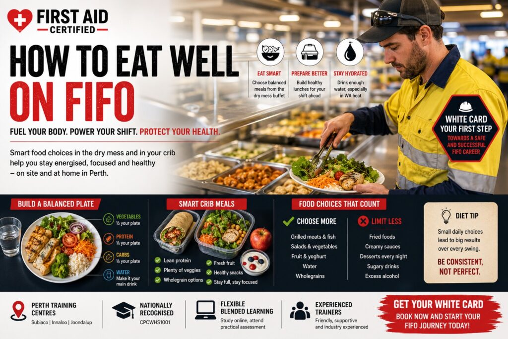 FIFO mining worker choosing a healthy meal in a Western Australian mine-site dry mess after completing White Card training in Perth.