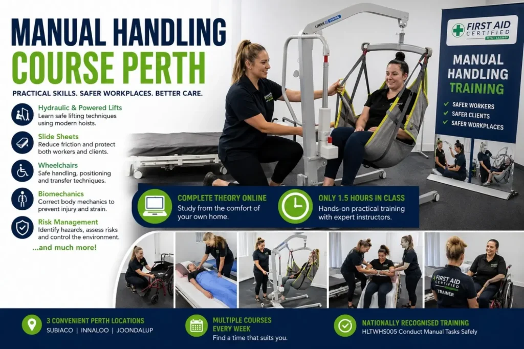 Trainer demonstrating a patient hoist during an HLTWHS005 Manual Handling Course in Perth